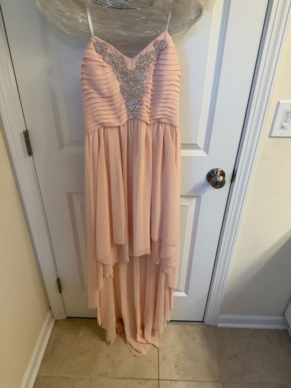 Embellished High Low Chiffon Formal Dress Gown Blush Pink